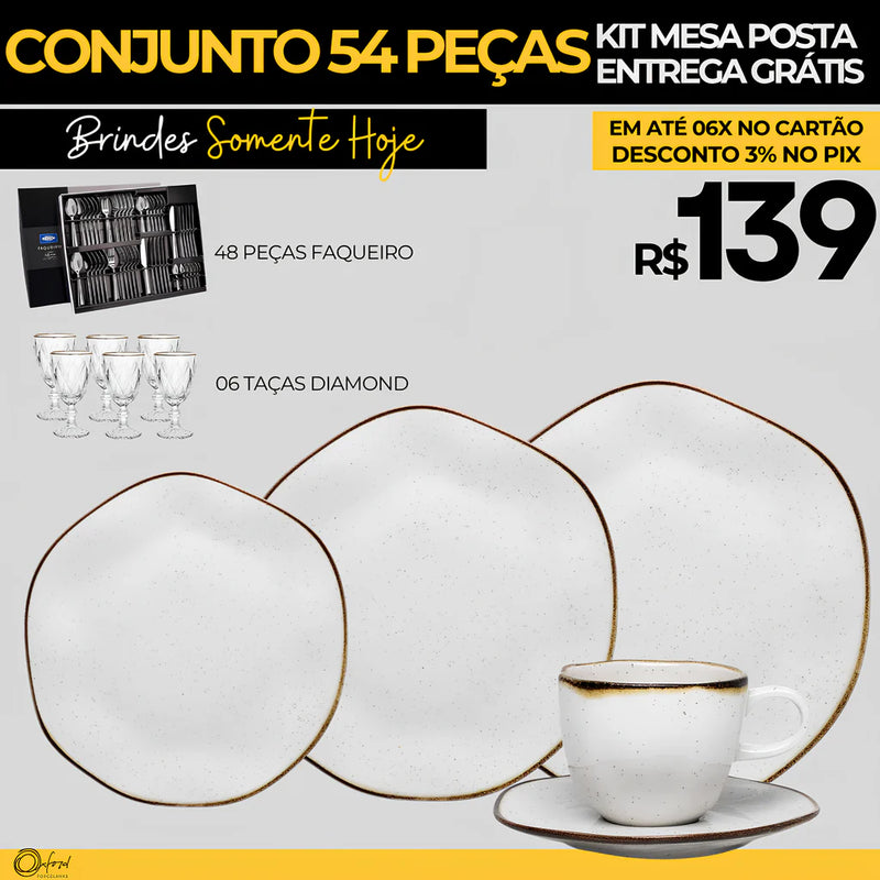 Aparelho  de Jantar Conjunto 54 Peças em Porcelana  Luxo Oxford + Brinde um faqueiro