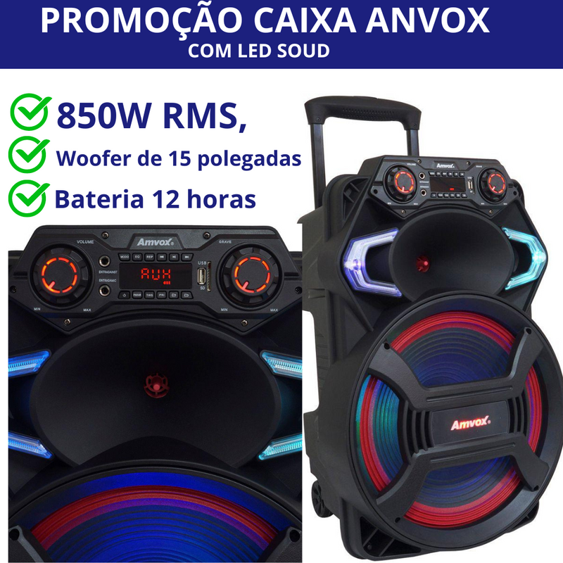 Caixa de som amplificada com led 850 rms anvox- com karaokê microfone de brinde hoje