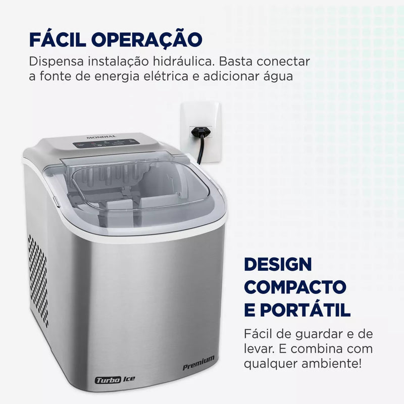 Máquina de Gelo Inox Portátil 15kg - Compacta, Silenciosa e Potente - Garantia de 1 Ano