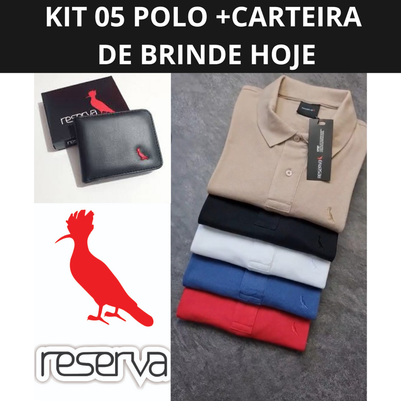 KIT 05 POLO RESERVA CORES SORTIDAS 100% ALGODÃO + 1 CARTEIRA DE BRINDE