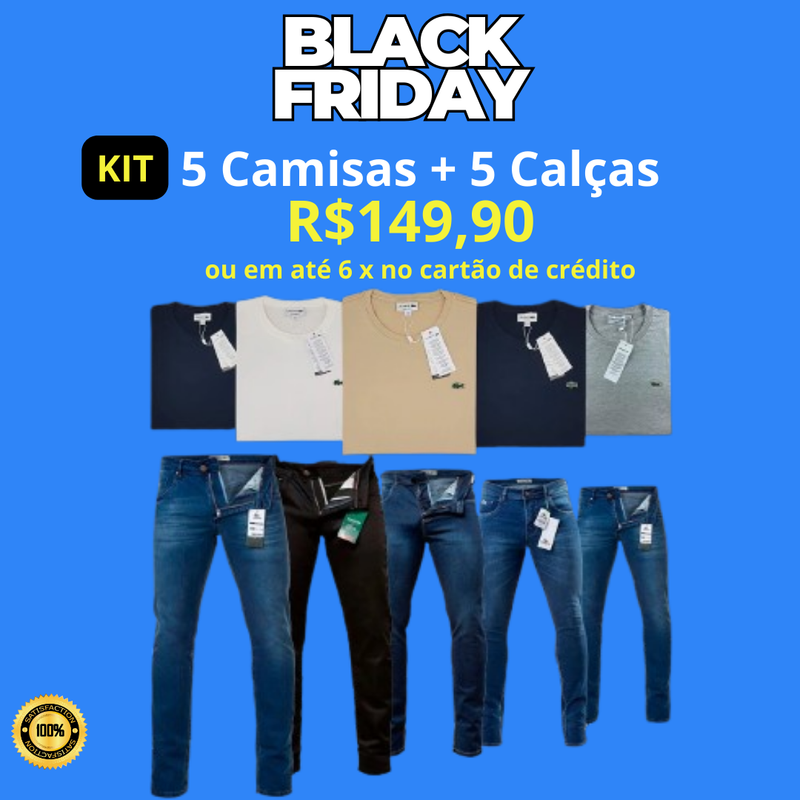 KIT COM 5 CALÇAS JEANS e 5 CAMISETAS LACOSTE  CORES SORTIDAS[ TOTAL 10 PEÇAS ]